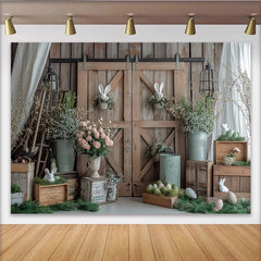 Lofaris Fond de photographie Pâques rustique avec lapins et œufs, décor de ferme en bois pour séance photo de famille printanière