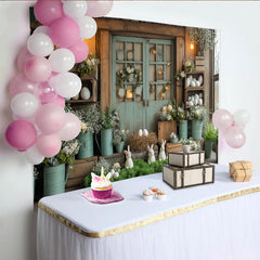 Lofaris Toile de fond de photographie de Pâques avec lapins, œufs et fleurs printanières, décor champêtre en bois pour studio photo