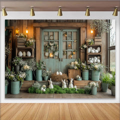 Lofaris Toile de fond de photographie de Pâques avec lapins, œufs et fleurs printanières, décor champêtre en bois pour studio photo
