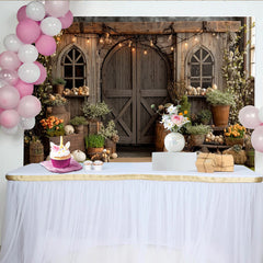 Lofaris Toile de fond de photographie rustique porte de grange et fleurs, décor de ferme avec lapins et citrouilles pour studio photo
