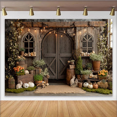 Lofaris Toile de fond de photographie rustique porte de grange et fleurs, décor de ferme avec lapins et citrouilles pour studio photo