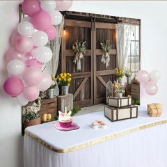 Lofaris Toile de fond de Pâques rustique portes de grange et lapins, décor printanier champêtre avec fleurs et œufs pour photographie