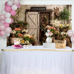 Lofaris Toile de fond de Pâques rustique avec porte de grange et fleurs de printemps, élégant décor printanier pour studio photo et fête