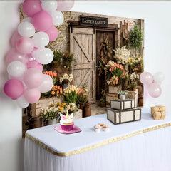 Lofaris Toile de fond de Pâques rustique avec porte de grange et fleurs de printemps, élégant décor printanier pour studio photo et fête