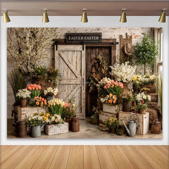 Lofaris Toile de fond de Pâques rustique avec porte de grange et fleurs de printemps, élégant décor printanier pour studio photo et fête