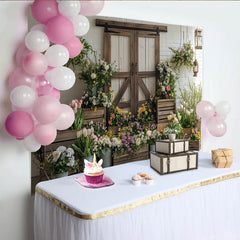 Lofaris Toile de fond de photographie printemps rustique avec porte de grange et fleurs, élégant arrière-plan champêtre pour studio photo