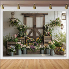 Lofaris Toile de fond de photographie printemps rustique avec porte de grange et fleurs, élégant arrière-plan champêtre pour studio photo