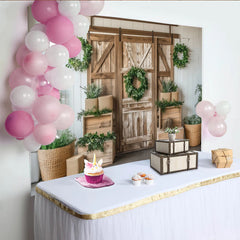 Lofaris Toile de fond de photographie rustique en bois avec porte de grange et verdure, élégant décor naturel pour studio photo et événements
