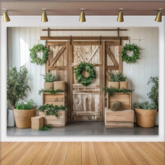 Lofaris Toile de fond de photographie rustique en bois avec porte de grange et verdure, élégant décor naturel pour studio photo et événements