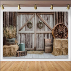 Lofaris Toile de fond de photographie rustique grange en bois avec bottes de foin, arrière-plan de ferme pour studio photo et portrait