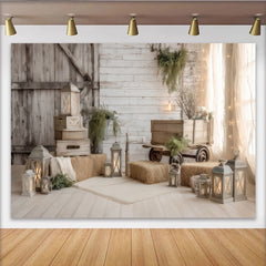 Lofaris Toile de fond de photographie de grange rustique avec lanternes et bottes de foin, magnifique arrière-plan en bois pour studio photo
