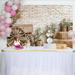 Lofaris Toile de fond de photographie rustique avec mur de briques blanches et roues en bois, décor de grange pour studio photo