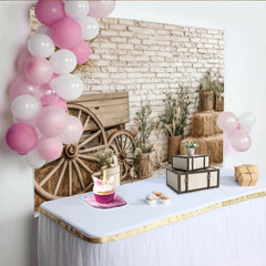 Lofaris Toile de fond de photographie rustique avec mur de briques blanches et roues en bois, décor de grange pour studio photo