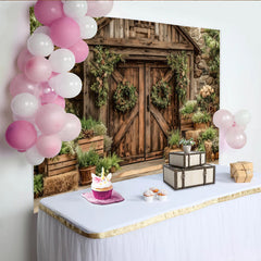 Lofaris Toile de fond de photographie grange rustique avec portes en bois et verdure, magnifique décor naturel pour studio photo et événements