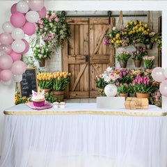 Lofaris Toile de fond de photographie fleuriste rustique avec porte en bois, décor printanier avec fleurs pour studio photo
