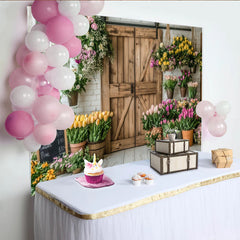 Lofaris Toile de fond de photographie fleuriste rustique avec porte en bois, décor printanier avec fleurs pour studio photo