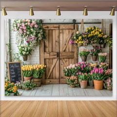 Lofaris Toile de fond de photographie fleuriste rustique avec porte en bois, décor printanier avec fleurs pour studio photo
