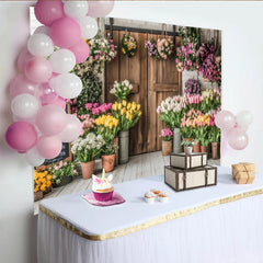 Lofaris Toile de fond de photographie fleuriste avec porte en bois rustique, décor floral de printemps pour studio photo