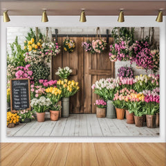 Lofaris Toile de fond de photographie fleuriste avec porte en bois rustique, décor floral de printemps pour studio photo
