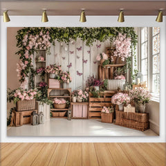 Lofaris Toile de fond de photographie florale printanière avec papillons et bois clair, élégant arrière-plan pour studio photo