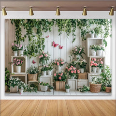 Lofaris Toile de fond de photographie jardin fleuri, arrière-plan mural en bois blanc et papillons roses pour studio photo