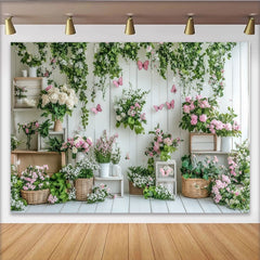 Lofaris Toile de fond de photographie florale printanière avec papillons roses, élégant arrière-plan de studio pour portrait et événement