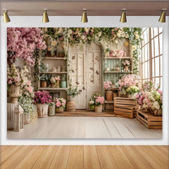 Lofaris Toile de fond de photographie jardin fleuri avec fleurs roses et porte rustique, magnifique arrière-plan printanier pour studio photo