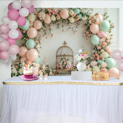 Lofaris Toile de fond de photographie florale avec ballons pastel et cage à oiseaux, magnifique arrière-plan élégant pour studio photo ou fête