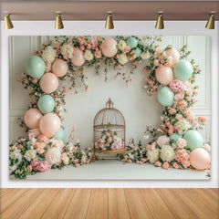 Lofaris Toile de fond de photographie florale avec ballons pastel et cage à oiseaux, magnifique arrière-plan élégant pour studio photo ou fête