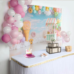 Lofaris Toile de fond anniversaire bonbons pastel avec ballons et chariot de douceurs, décor de rêve pour fête d'enfants et séance photo