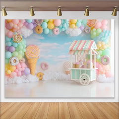 Lofaris Toile de fond anniversaire bonbons pastel avec ballons et chariot de douceurs, décor de rêve pour fête d'enfants et séance photo
