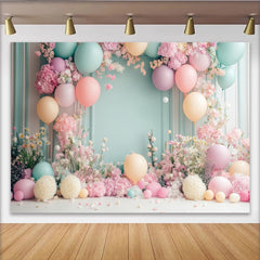 Lofaris Toile de fond baby shower fleurs et ballons pastels, élégant décor printanier pour célébration et séance photo