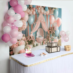 Lofaris Toile de fond pour baby shower rose et bleu pastel avec fleurs et ballons, magnifique décor de photographie pour nouveau-né et enfants
