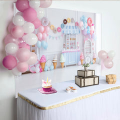 Lofaris Toile de fond pour anniversaire boutique de glaces et bonbons pastel, décor de fête avec ballons et donuts pour studio photo