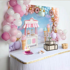 Lofaris Toile de fond de photographie stand de glaces et beignets pastel, décor de rêve pour studio photo ou célébration d'enfants