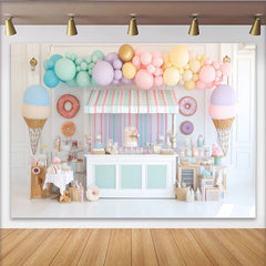 Lofaris Toile de fond anniversaire thème douceurs pastel avec ballons et glaces, magnifique décor de fête pour enfants et séance photo