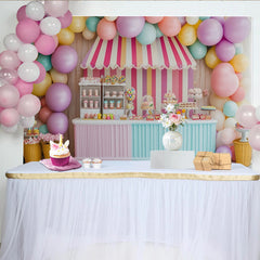 Lofaris Toile de fond pour anniversaire confiserie avec ballons pastel et stand de bonbons, décor de fête aux couleurs vives pour enfants