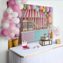 Lofaris Toile de fond pour anniversaire confiserie avec ballons pastel et stand de bonbons, décor de fête aux couleurs vives pour enfants