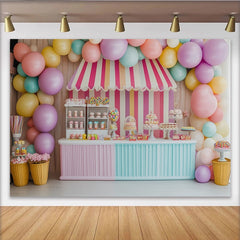 Lofaris Toile de fond pour anniversaire confiserie avec ballons pastel et stand de bonbons, décor de fête aux couleurs vives pour enfants