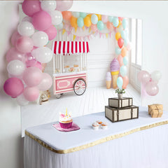 Lofaris Toile de fond anniversaire chariot de glaces pastel et ballons, décor de fête pour enfants avec guirlandes et cornets de glace