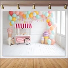 Lofaris Toile de fond anniversaire chariot de glaces pastel et ballons, décor de fête pour enfants avec guirlandes et cornets de glace