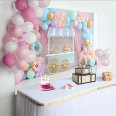 Lofaris Toile de fond pour anniversaire chariot de douceurs et ballons pastel, magnifique décor de fête pour enfants et séance photo