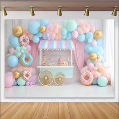 Lofaris Toile de fond pour anniversaire chariot de douceurs et ballons pastel, magnifique décor de fête pour enfants et séance photo