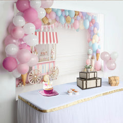Lofaris Toile de fond anniversaire enfant avec chariot de bonbons et ballons pastel, décor de fête aux couleurs douces pour séance photo