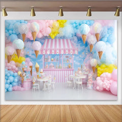 Lofaris Toile de fond anniversaire magasin de glaces pastel pour enfants, magnifique décor sucré pour séance photo de fête