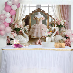 Lofaris Toile de fond de photographie ballet cygne rose avec roses blanches, élégant arrière-plan de rêve pour portrait et studio photo