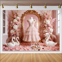 Lofaris Toile de fond rose élégante pour anniversaire de fille avec cygnes et fleurs, magnifique décor romantique pour studio photo
