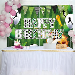 Lofaris Toile de fond joyeux anniversaire football sur terrain vert avec ballons, décor de fête sportive avec trophée pour garçons
