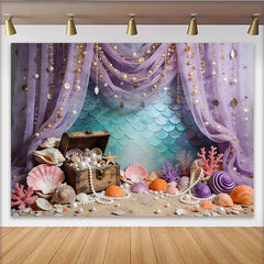 Lofaris Toile de fond de photographie sirène avec écailles et perles dorées, décor sous-marin enchanteur pour studio photo