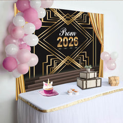 Lofaris Toile de fond bal de promo 2026 art déco noir et or, magnifique décor de scène pour soirée de gala et cérémonie de remise des diplômes